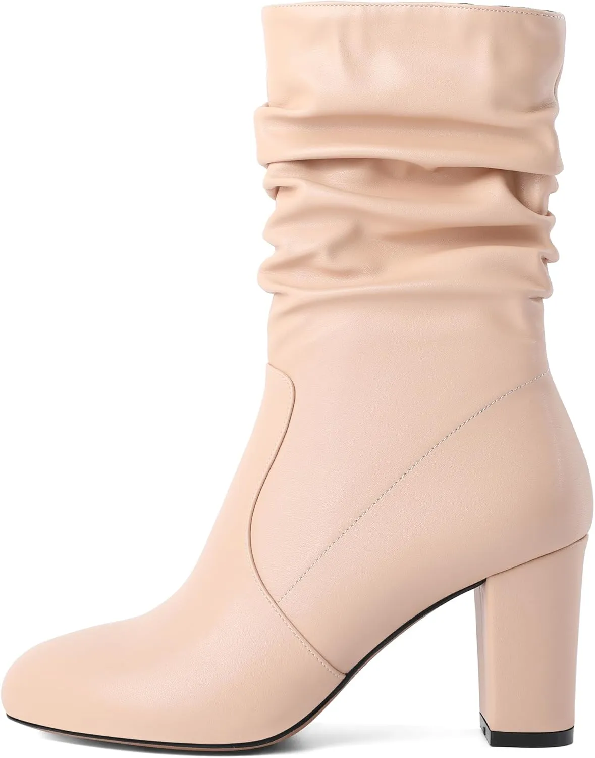 Mettesally Women's Slouchy Mid Calf Boots Chunky High Heels Round Toe Booties Side Zipper 3.5 Inch Fashion Winter Dress Shoes