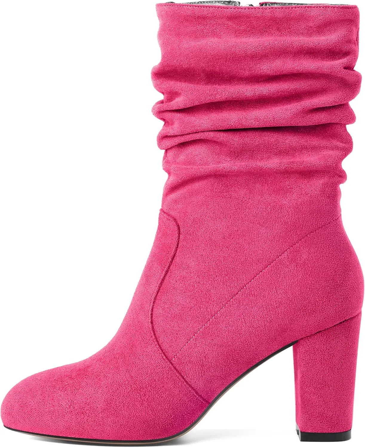 Mettesally Women's Slouchy Mid Calf Boots Chunky High Heels Round Toe Booties Side Zipper 3.5 Inch Fashion Winter Dress Shoes