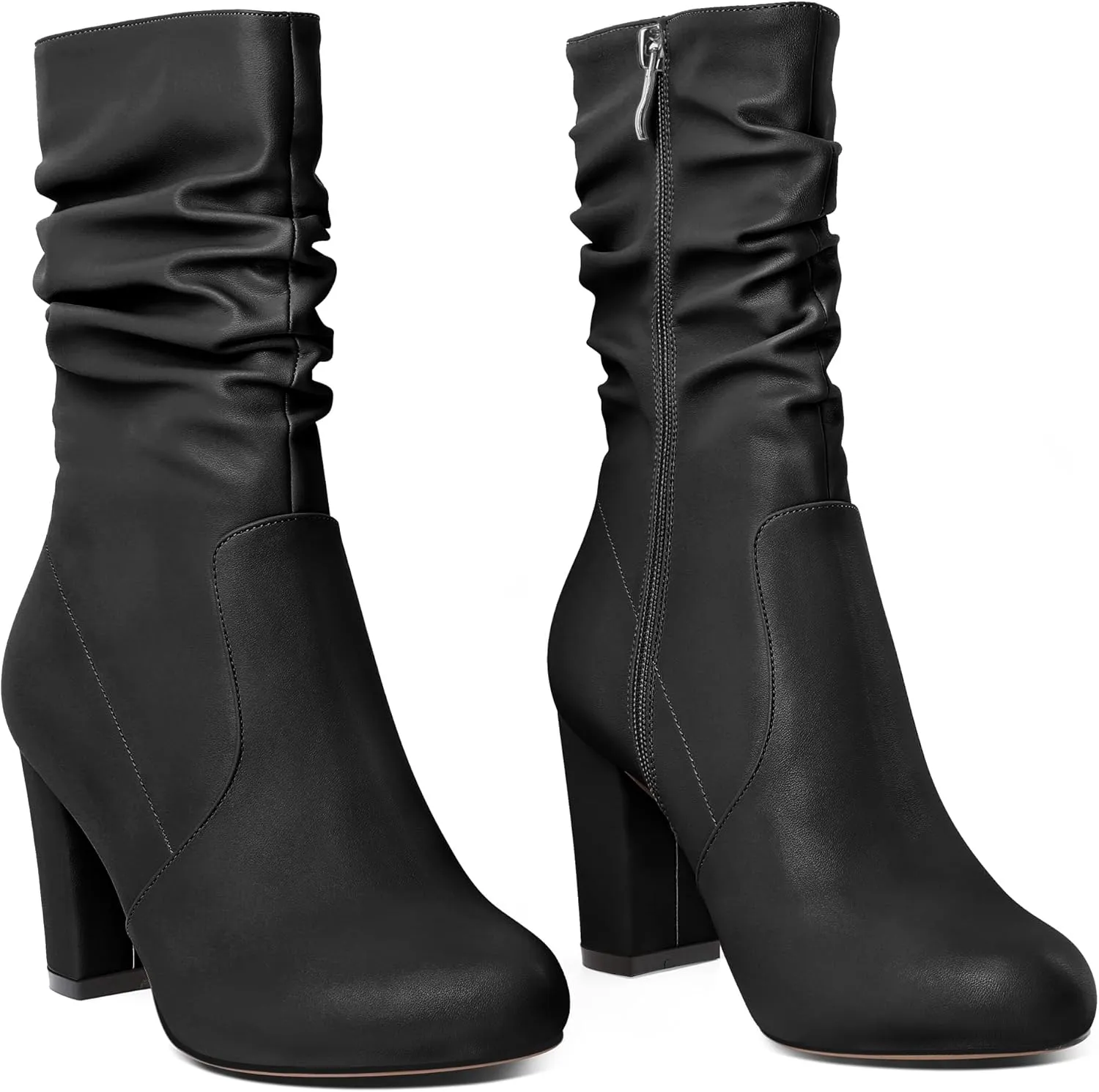 Mettesally Women's Slouchy Mid Calf Boots Chunky High Heels Round Toe Booties Side Zipper 3.5 Inch Fashion Winter Dress Shoes