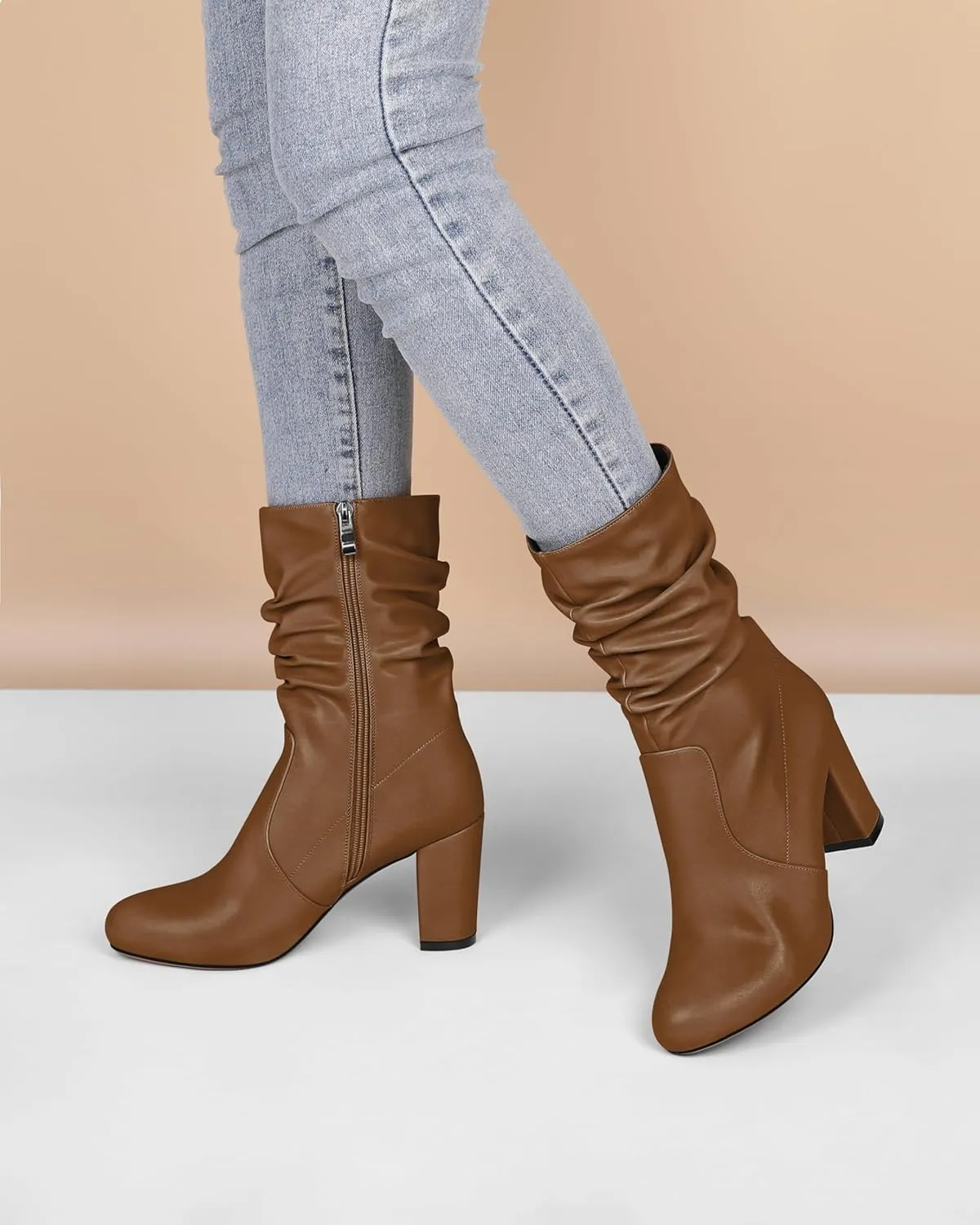 Mettesally Women's Slouchy Mid Calf Boots Chunky High Heels Round Toe Booties Side Zipper 3.5 Inch Fashion Winter Dress Shoes