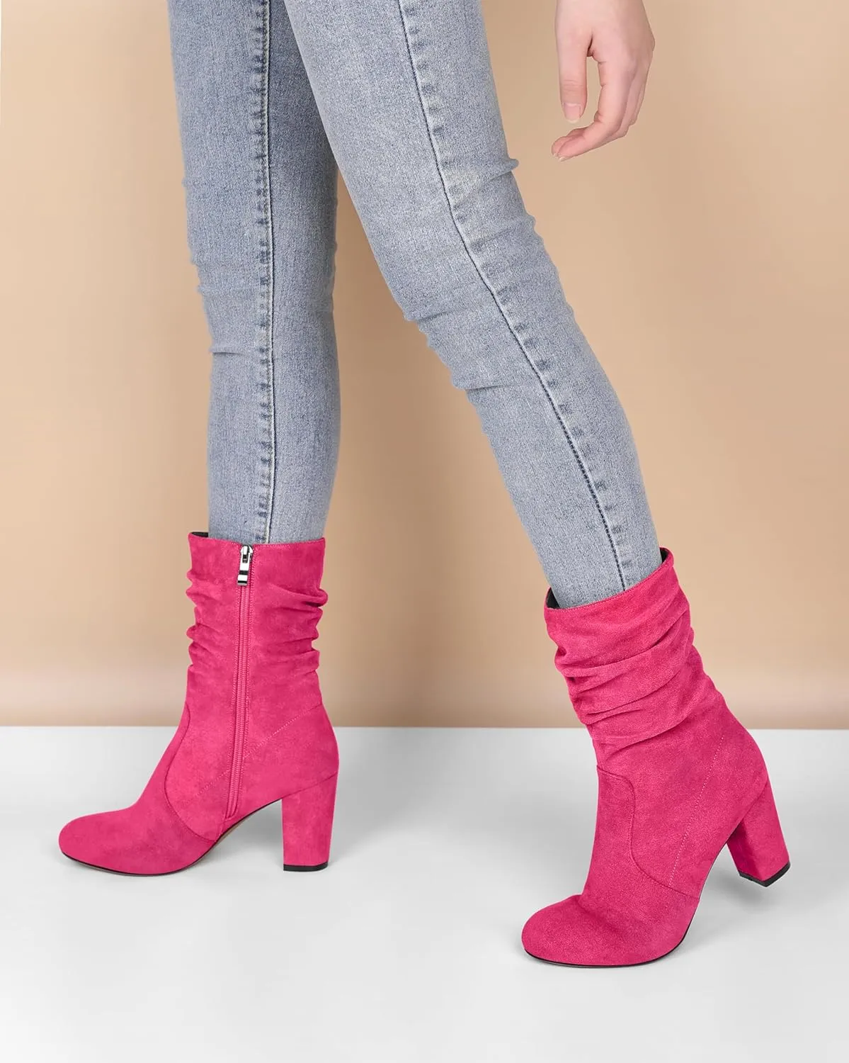 Mettesally Women's Slouchy Mid Calf Boots Chunky High Heels Round Toe Booties Side Zipper 3.5 Inch Fashion Winter Dress Shoes