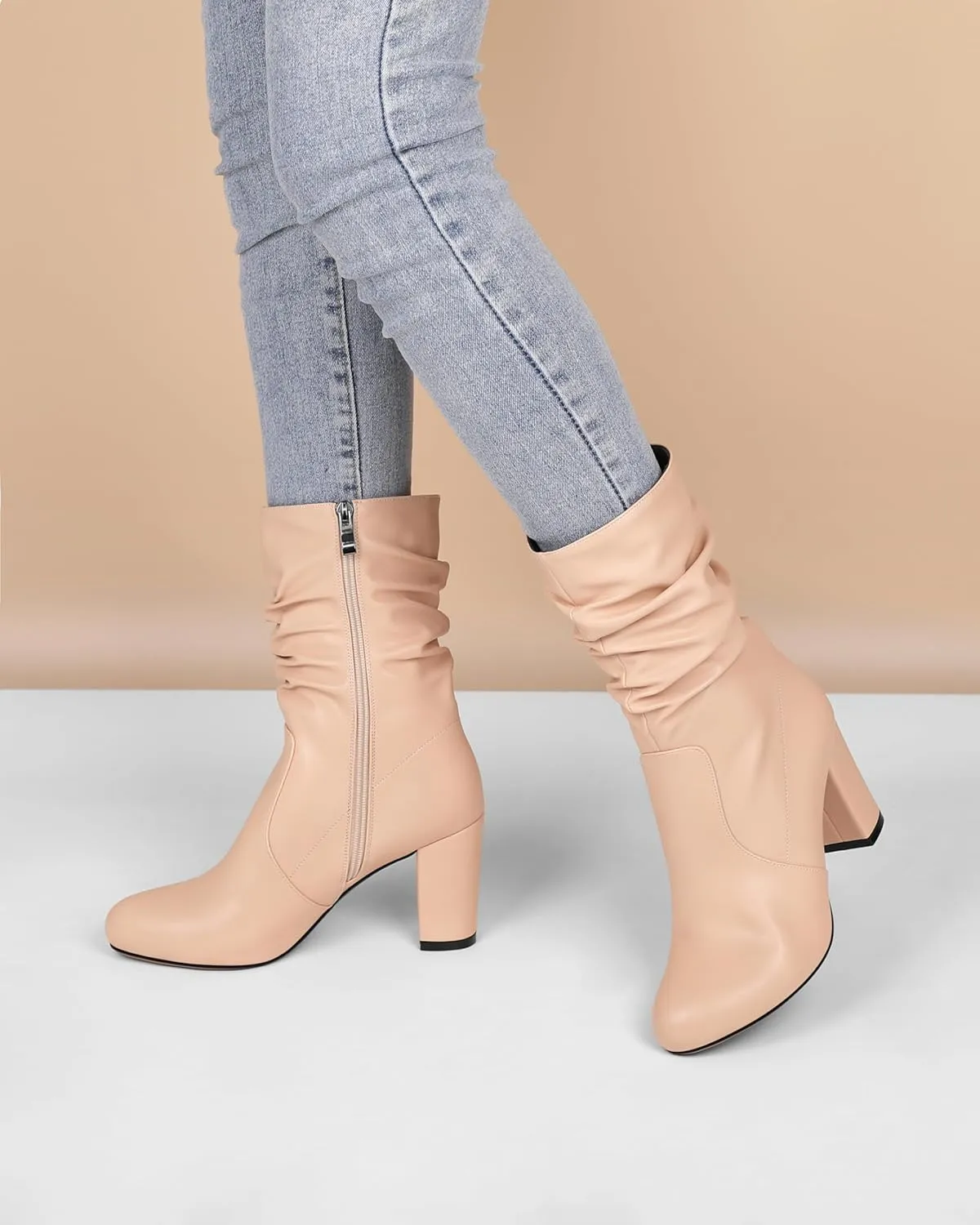 Mettesally Women's Slouchy Mid Calf Boots Chunky High Heels Round Toe Booties Side Zipper 3.5 Inch Fashion Winter Dress Shoes