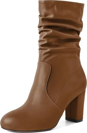 Mettesally Women's Slouchy Mid Calf Boots Chunky High Heels Round Toe Booties Side Zipper 3.5 Inch Fashion Winter Dress Shoes