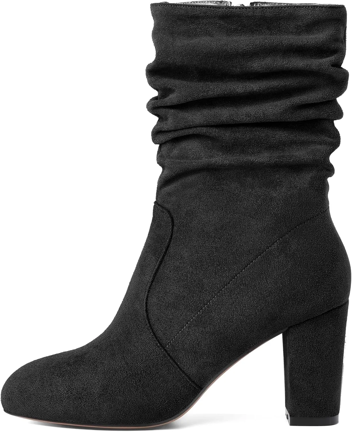 Mettesally Women's Slouchy Mid Calf Boots Chunky High Heels Round Toe Booties Side Zipper 3.5 Inch Fashion Winter Dress Shoes