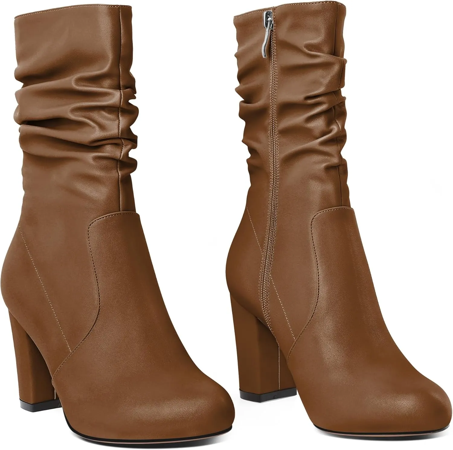 Mettesally Women's Slouchy Mid Calf Boots Chunky High Heels Round Toe Booties Side Zipper 3.5 Inch Fashion Winter Dress Shoes