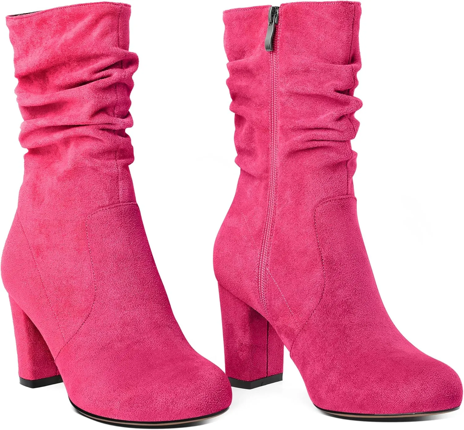 Mettesally Women's Slouchy Mid Calf Boots Chunky High Heels Round Toe Booties Side Zipper 3.5 Inch Fashion Winter Dress Shoes