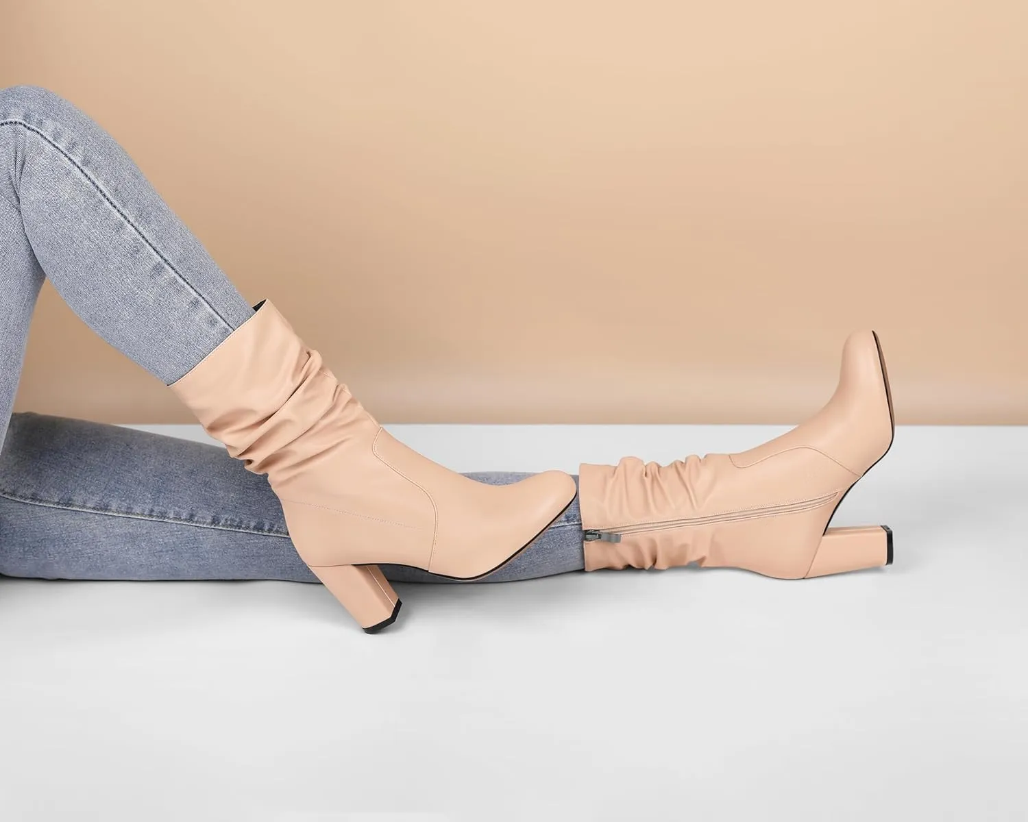 Mettesally Women's Slouchy Mid Calf Boots Chunky High Heels Round Toe Booties Side Zipper 3.5 Inch Fashion Winter Dress Shoes