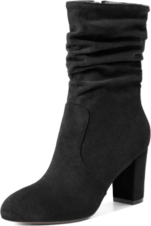 Mettesally Women's Slouchy Mid Calf Boots Chunky High Heels Round Toe Booties Side Zipper 3.5 Inch Fashion Winter Dress Shoes