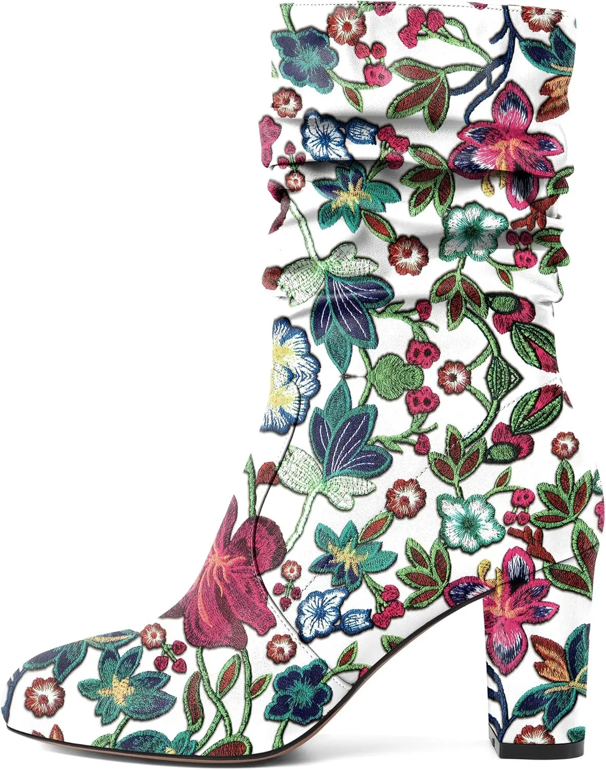 Mettesally Women's Slouchy Mid Calf Boots Chunky High Heels Round Toe Booties Side Zipper 3.5 Inch Fashion Winter Dress Shoes