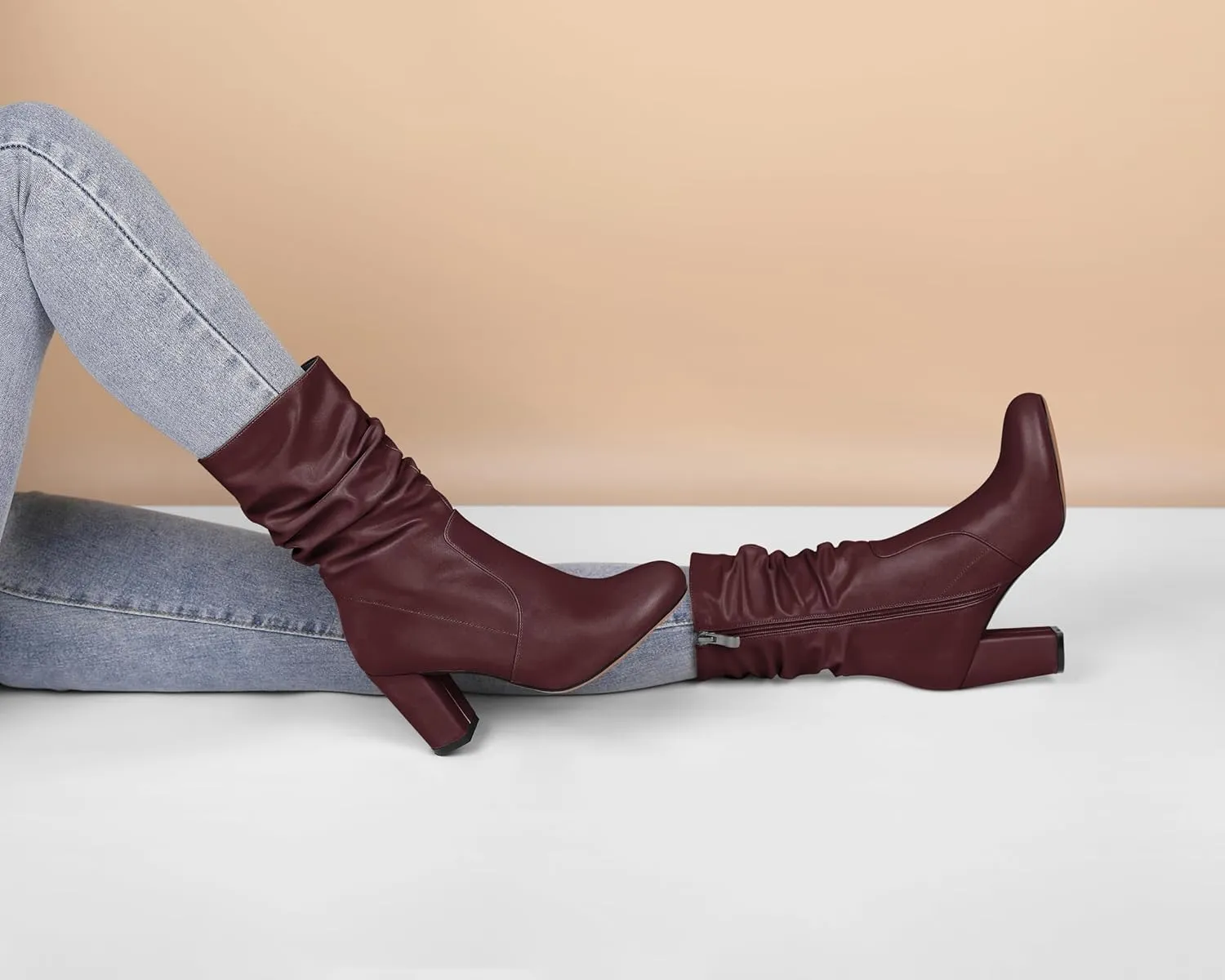 Mettesally Women's Slouchy Mid Calf Boots Chunky High Heels Round Toe Booties Side Zipper 3.5 Inch Fashion Winter Dress Shoes