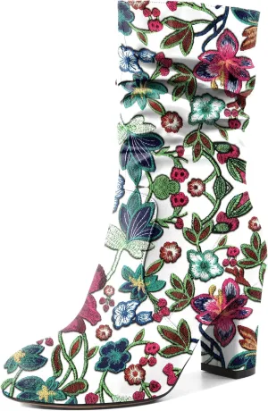Mettesally Women's Slouchy Mid Calf Boots Chunky High Heels Round Toe Booties Side Zipper 3.5 Inch Fashion Winter Dress Shoes