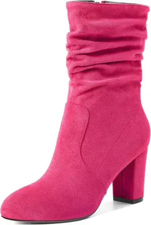 Mettesally Women's Slouchy Mid Calf Boots Chunky High Heels Round Toe Booties Side Zipper 3.5 Inch Fashion Winter Dress Shoes