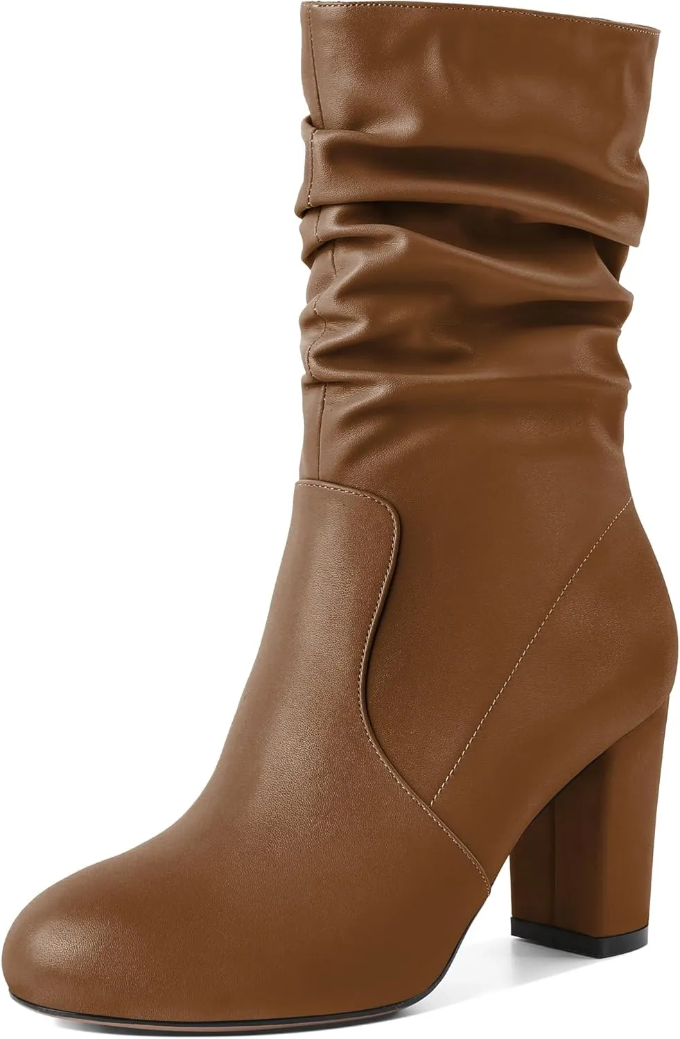 Mettesally Women's Slouchy Mid Calf Boots Chunky High Heels Round Toe Booties Side Zipper 3.5 Inch Fashion Winter Dress Shoes