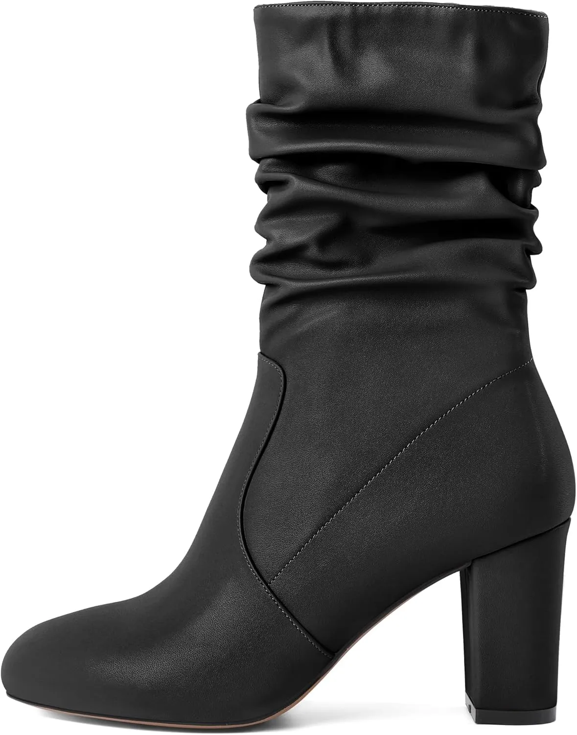 Mettesally Women's Slouchy Mid Calf Boots Chunky High Heels Round Toe Booties Side Zipper 3.5 Inch Fashion Winter Dress Shoes
