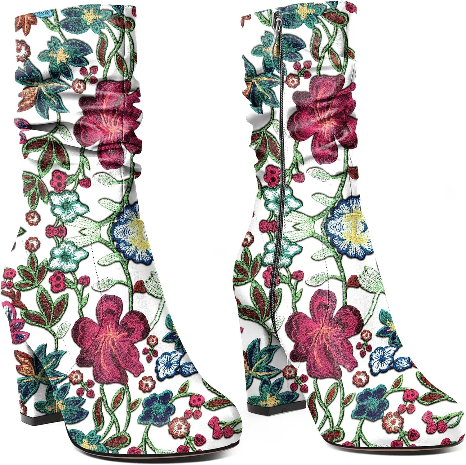 Mettesally Women's Slouchy Mid Calf Boots Chunky High Heels Round Toe Booties Side Zipper 3.5 Inch Fashion Winter Dress Shoes