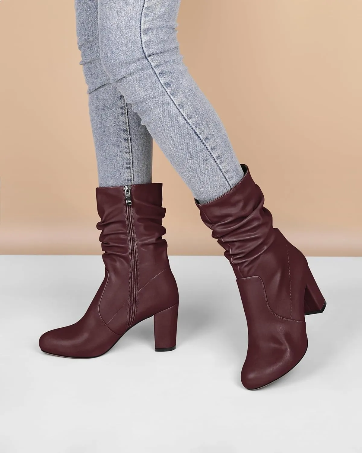Mettesally Women's Slouchy Mid Calf Boots Chunky High Heels Round Toe Booties Side Zipper 3.5 Inch Fashion Winter Dress Shoes