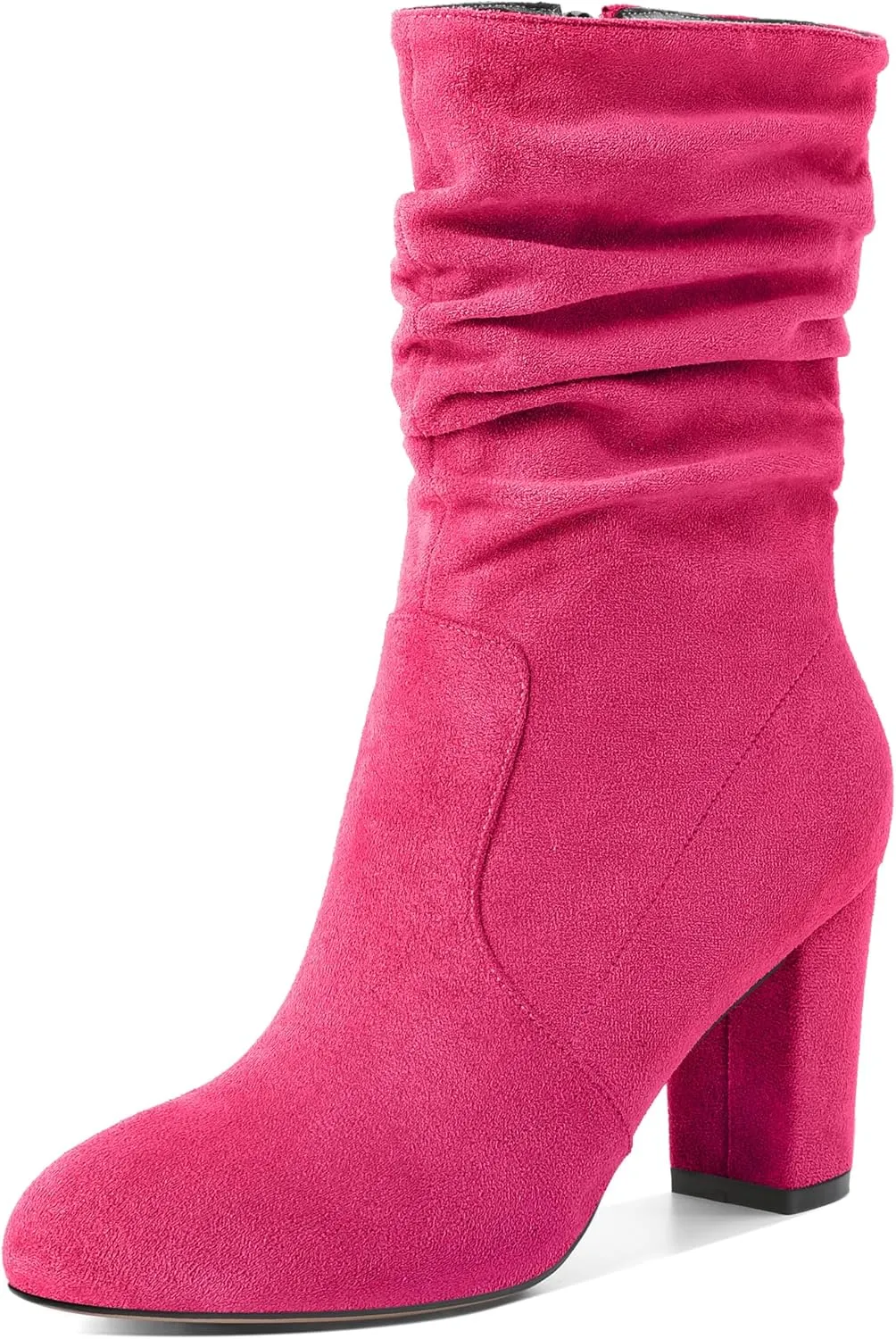 Mettesally Women's Slouchy Mid Calf Boots Chunky High Heels Round Toe Booties Side Zipper 3.5 Inch Fashion Winter Dress Shoes