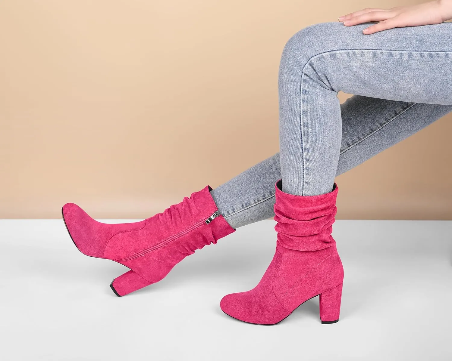 Mettesally Women's Slouchy Mid Calf Boots Chunky High Heels Round Toe Booties Side Zipper 3.5 Inch Fashion Winter Dress Shoes