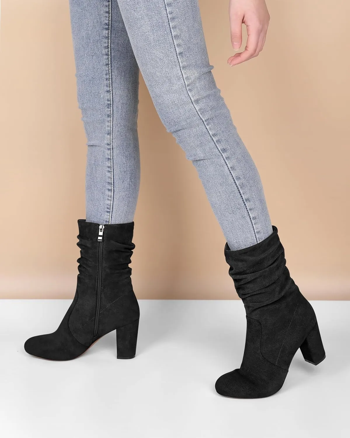 Mettesally Women's Slouchy Mid Calf Boots Chunky High Heels Round Toe Booties Side Zipper 3.5 Inch Fashion Winter Dress Shoes