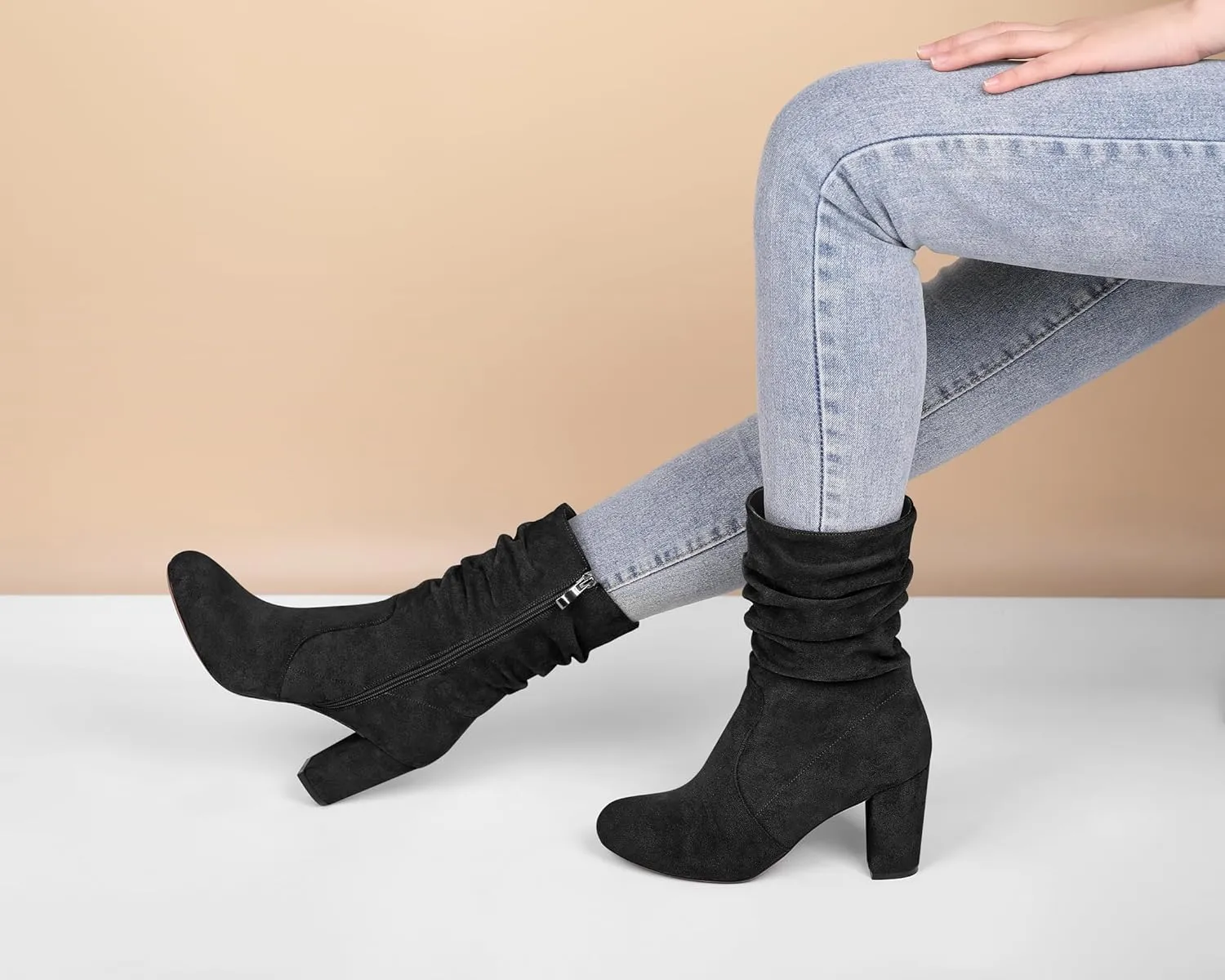 Mettesally Women's Slouchy Mid Calf Boots Chunky High Heels Round Toe Booties Side Zipper 3.5 Inch Fashion Winter Dress Shoes