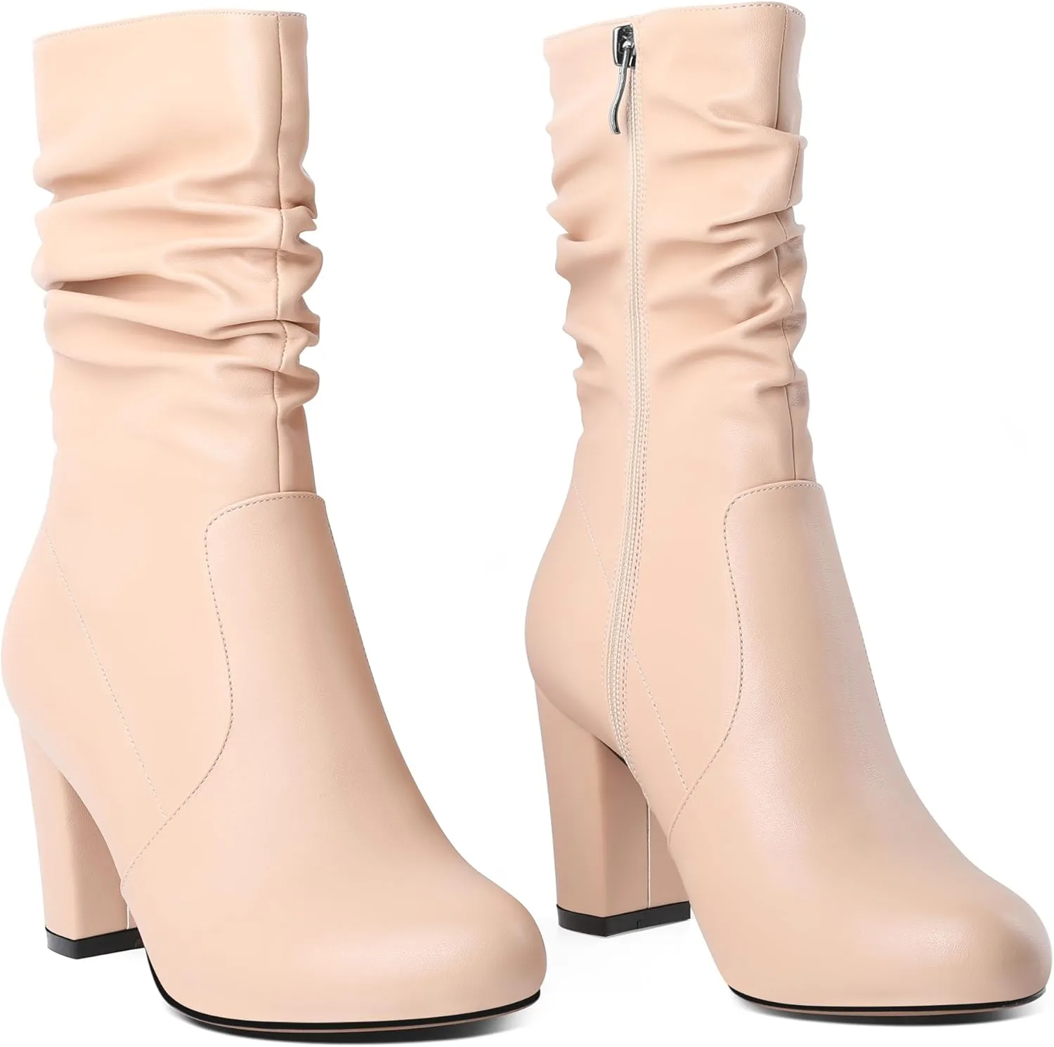 Mettesally Women's Slouchy Mid Calf Boots Chunky High Heels Round Toe Booties Side Zipper 3.5 Inch Fashion Winter Dress Shoes