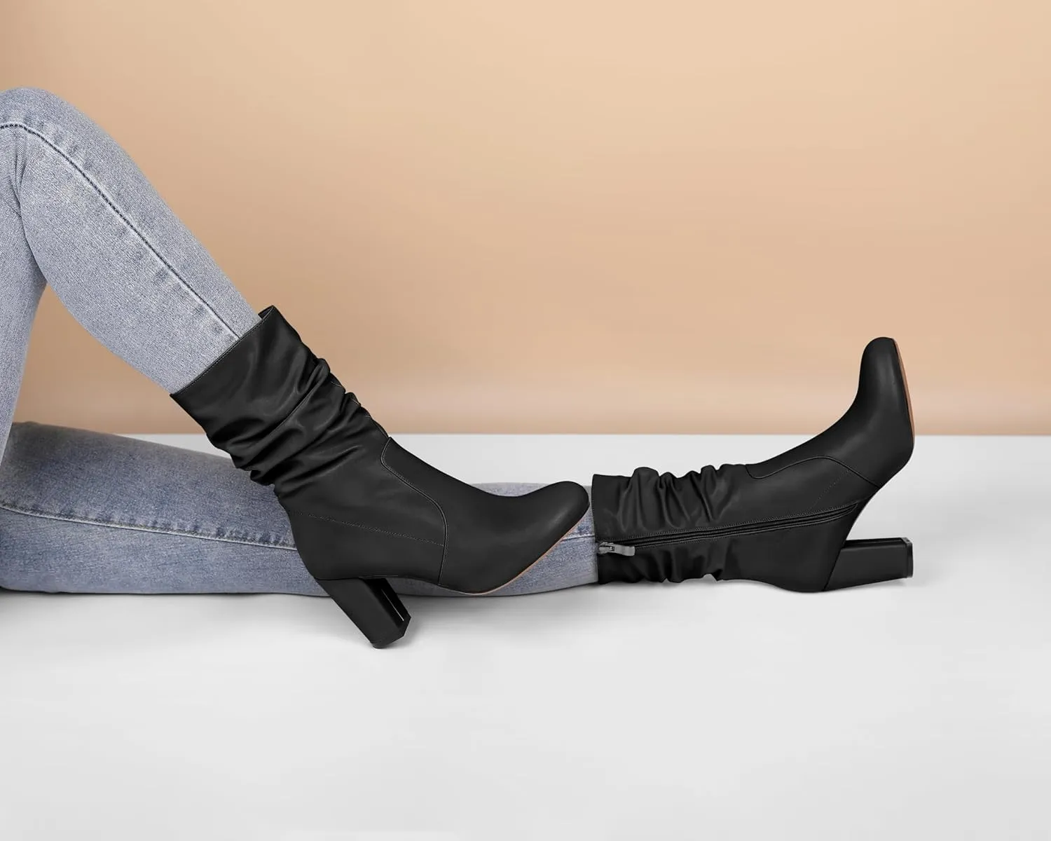 Mettesally Women's Slouchy Mid Calf Boots Chunky High Heels Round Toe Booties Side Zipper 3.5 Inch Fashion Winter Dress Shoes