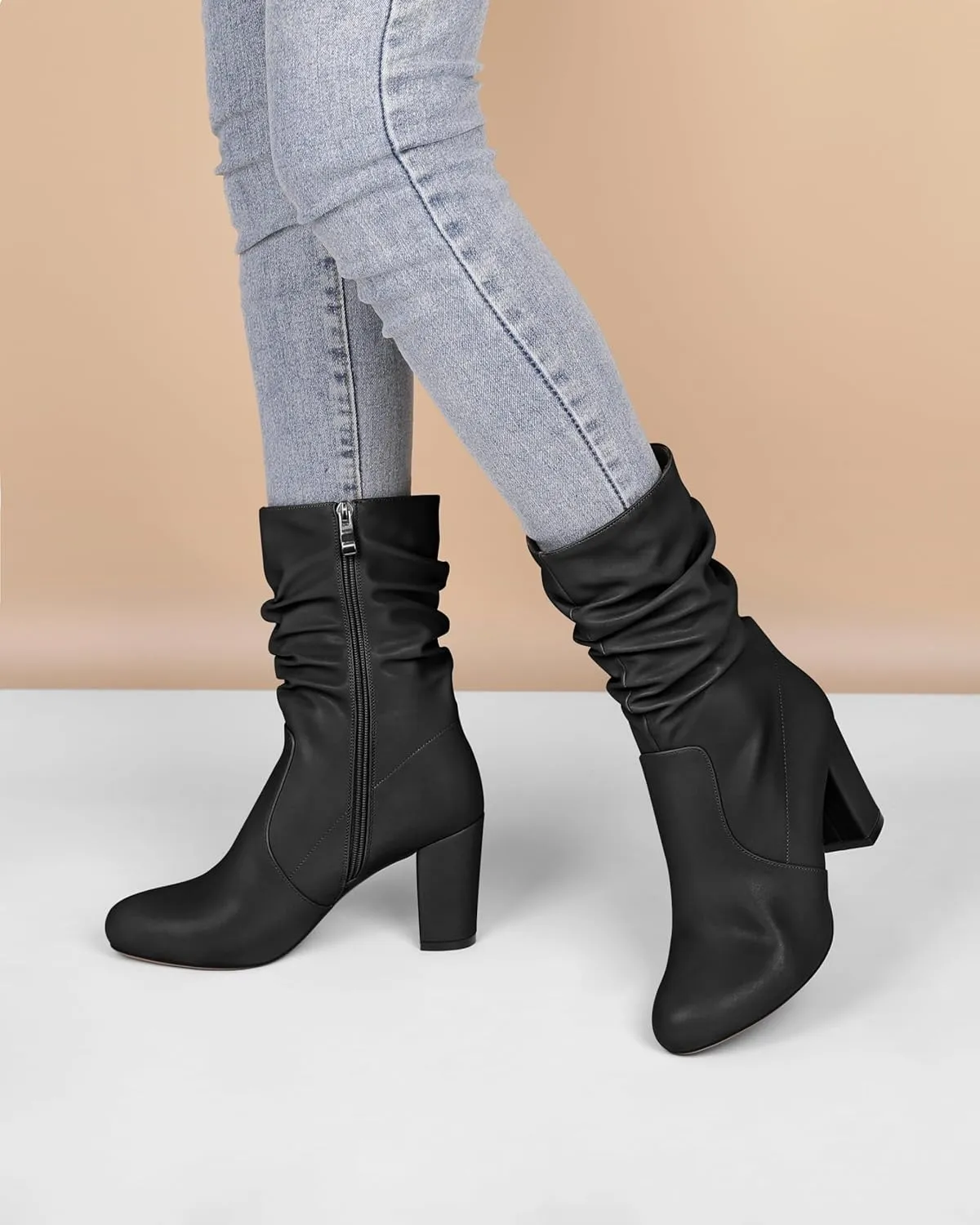 Mettesally Women's Slouchy Mid Calf Boots Chunky High Heels Round Toe Booties Side Zipper 3.5 Inch Fashion Winter Dress Shoes