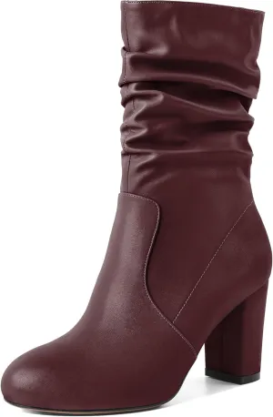 Mettesally Women's Slouchy Mid Calf Boots Chunky High Heels Round Toe Booties Side Zipper 3.5 Inch Fashion Winter Dress Shoes