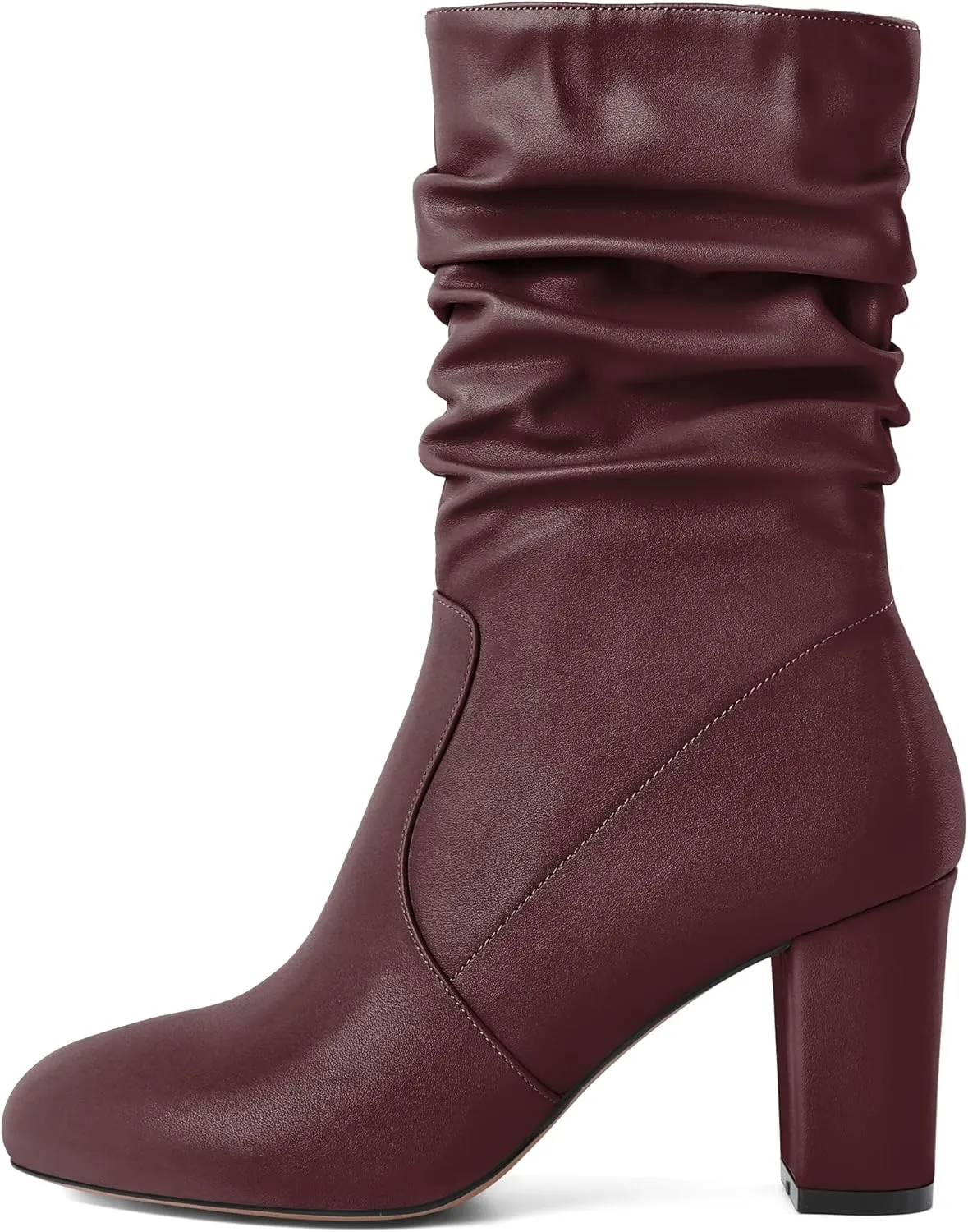 Mettesally Women's Slouchy Mid Calf Boots Chunky High Heels Round Toe Booties Side Zipper 3.5 Inch Fashion Winter Dress Shoes