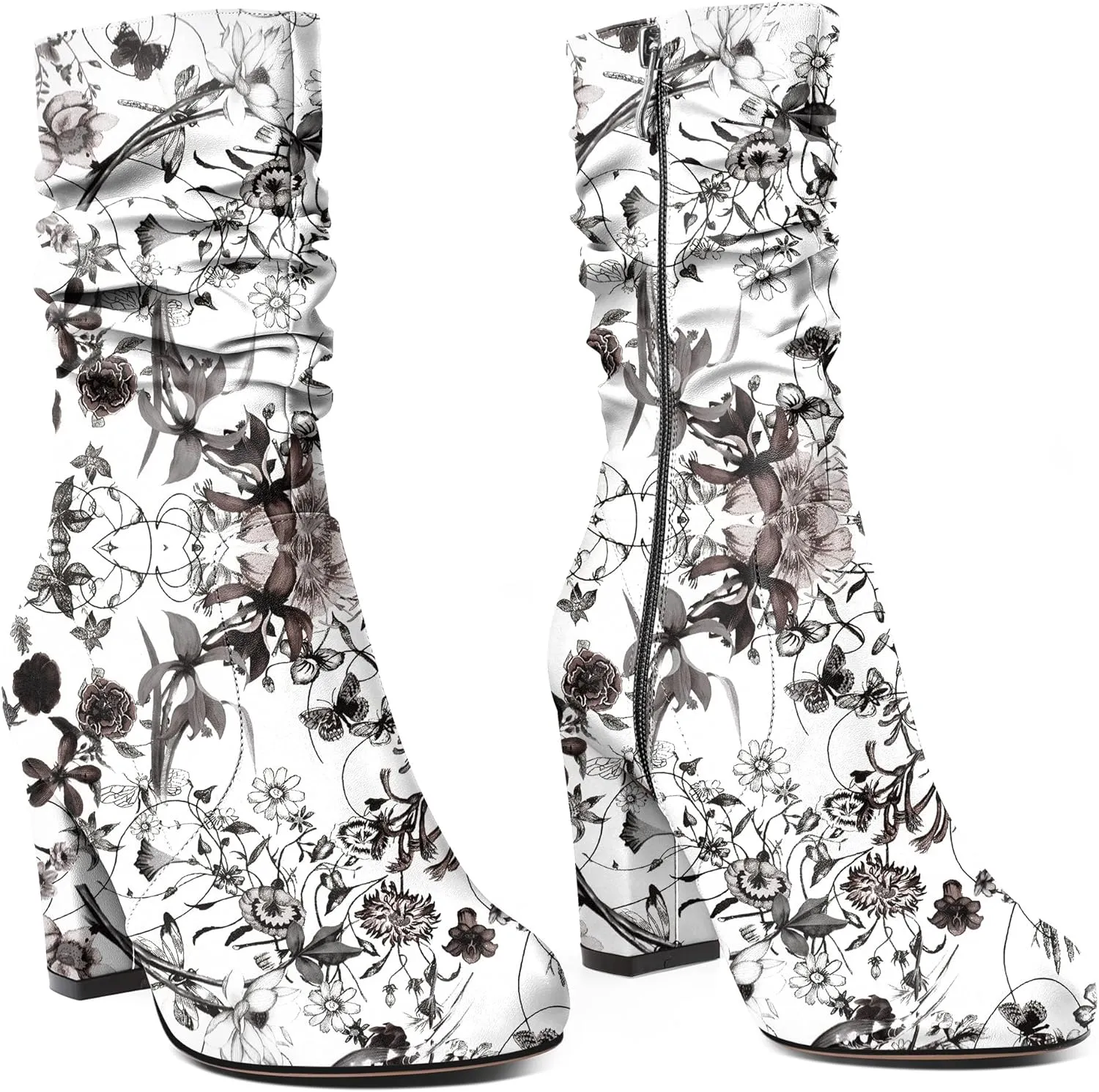 Mettesally Women's Slouchy Mid Calf Boots Chunky High Heels Round Toe Booties Side Zipper 3.5 Inch Fashion Winter Dress Shoes