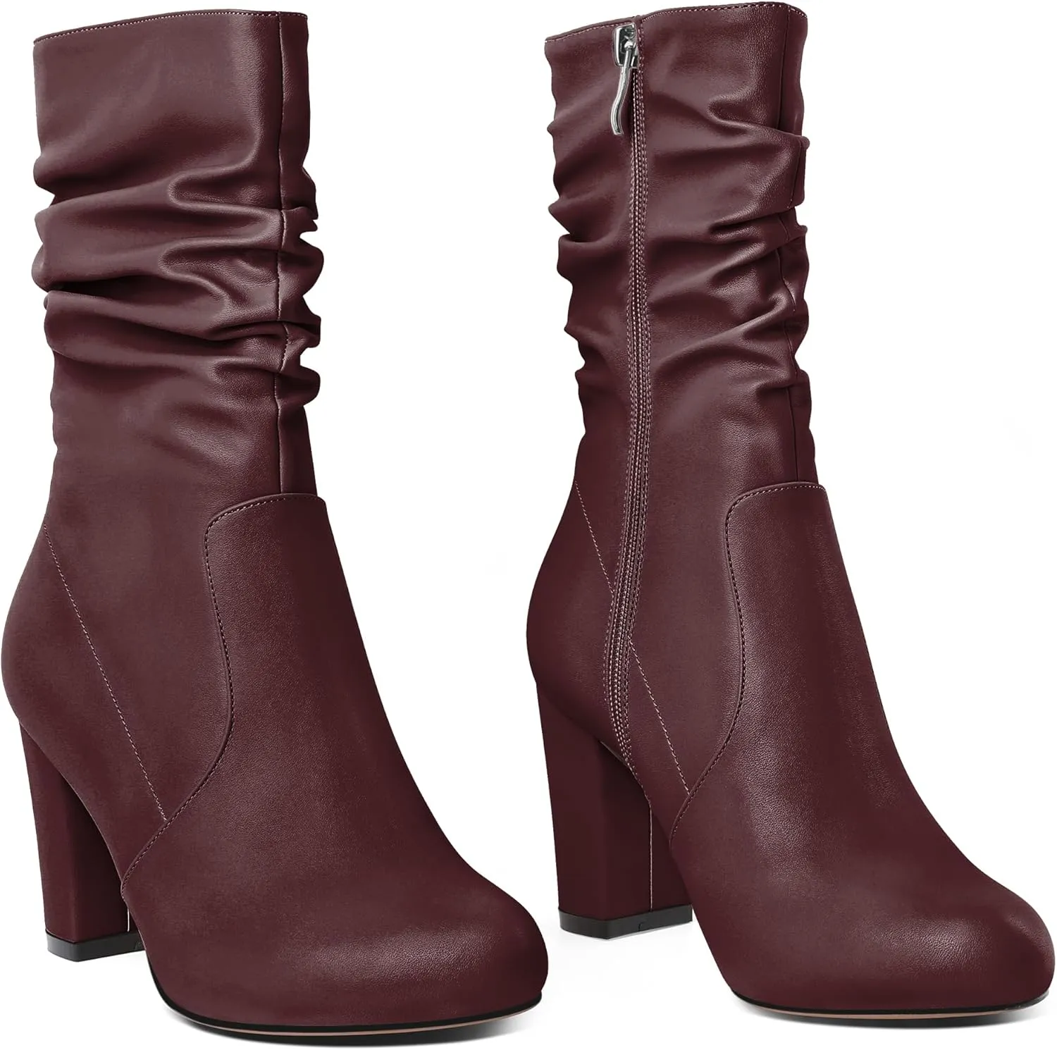 Mettesally Women's Slouchy Mid Calf Boots Chunky High Heels Round Toe Booties Side Zipper 3.5 Inch Fashion Winter Dress Shoes