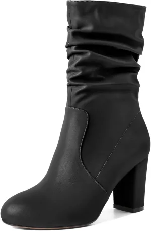 Mettesally Women's Slouchy Mid Calf Boots Chunky High Heels Round Toe Booties Side Zipper 3.5 Inch Fashion Winter Dress Shoes