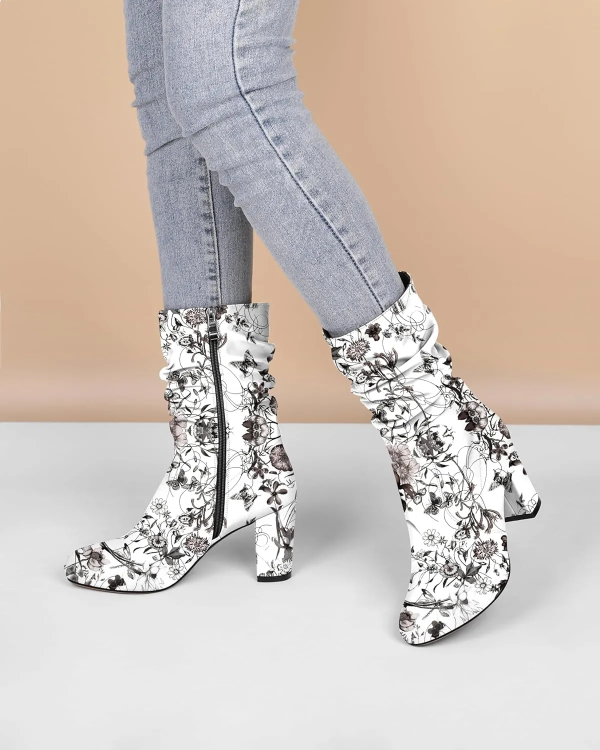 Mettesally Women's Slouchy Mid Calf Boots Chunky High Heels Round Toe Booties Side Zipper 3.5 Inch Fashion Winter Dress Shoes