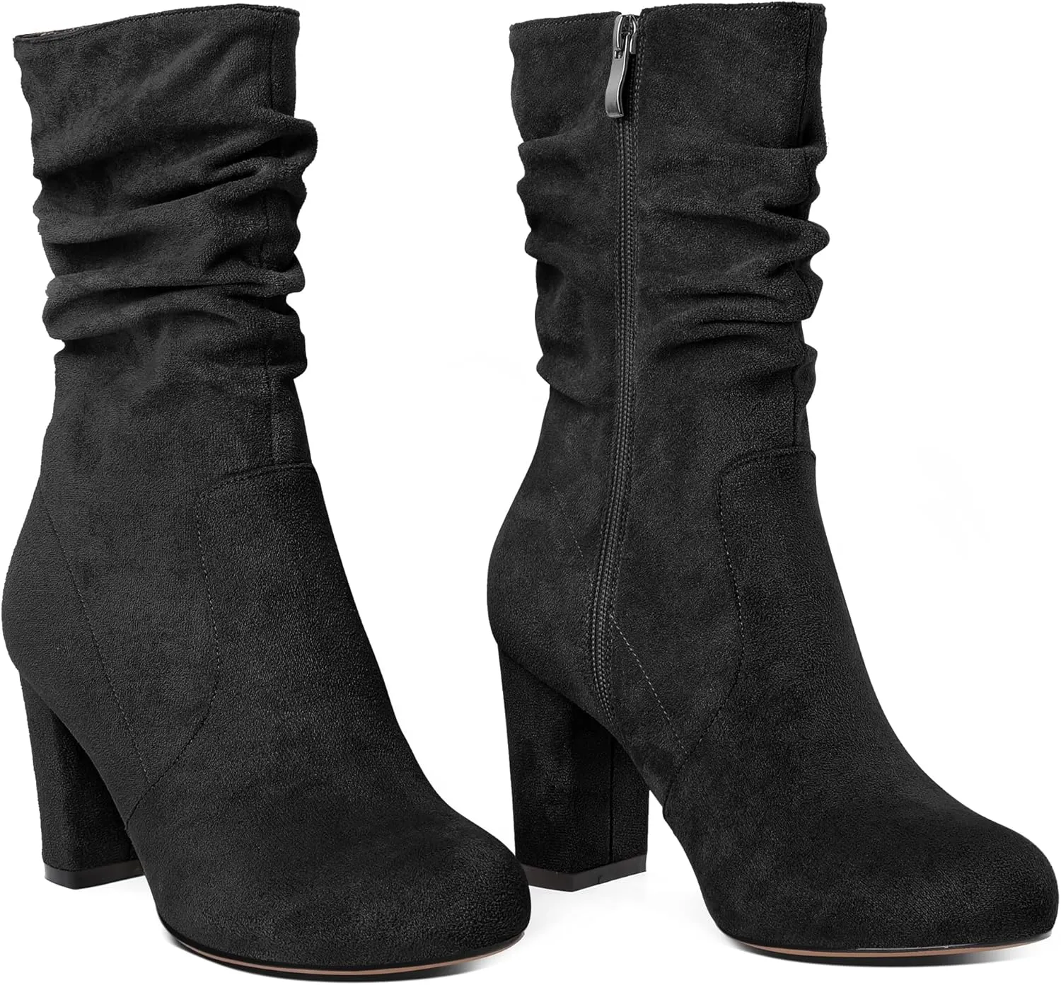 Mettesally Women's Slouchy Mid Calf Boots Chunky High Heels Round Toe Booties Side Zipper 3.5 Inch Fashion Winter Dress Shoes
