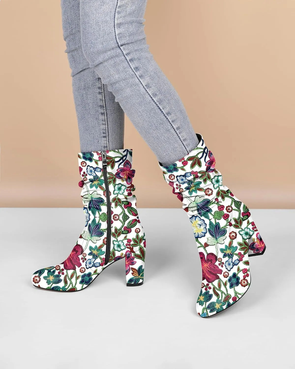 Mettesally Women's Slouchy Mid Calf Boots Chunky High Heels Round Toe Booties Side Zipper 3.5 Inch Fashion Winter Dress Shoes