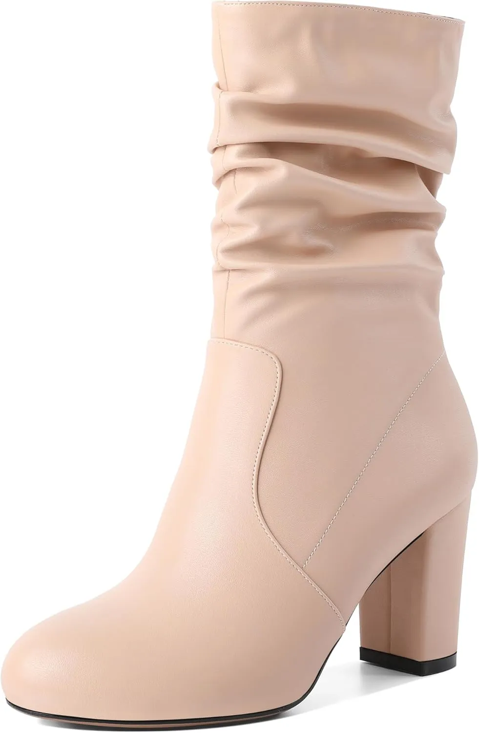 Mettesally Women's Slouchy Mid Calf Boots Chunky High Heels Round Toe Booties Side Zipper 3.5 Inch Fashion Winter Dress Shoes