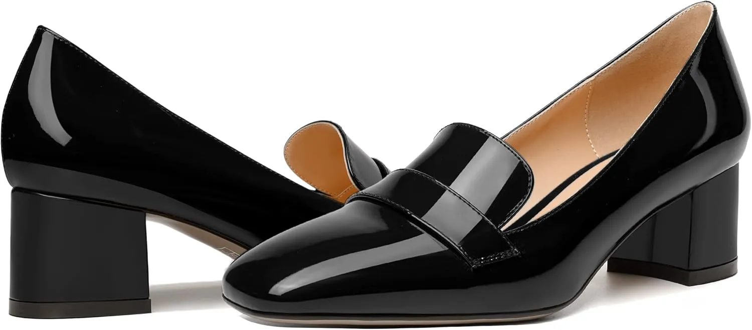 MODENCOCO Womens Fashion Slip On Casual Comfortable Square Toe Patent Chunky Low Heel Loafers Shoes 2 Inch