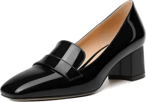 MODENCOCO Womens Fashion Slip On Casual Comfortable Square Toe Patent Chunky Low Heel Loafers Shoes 2 Inch