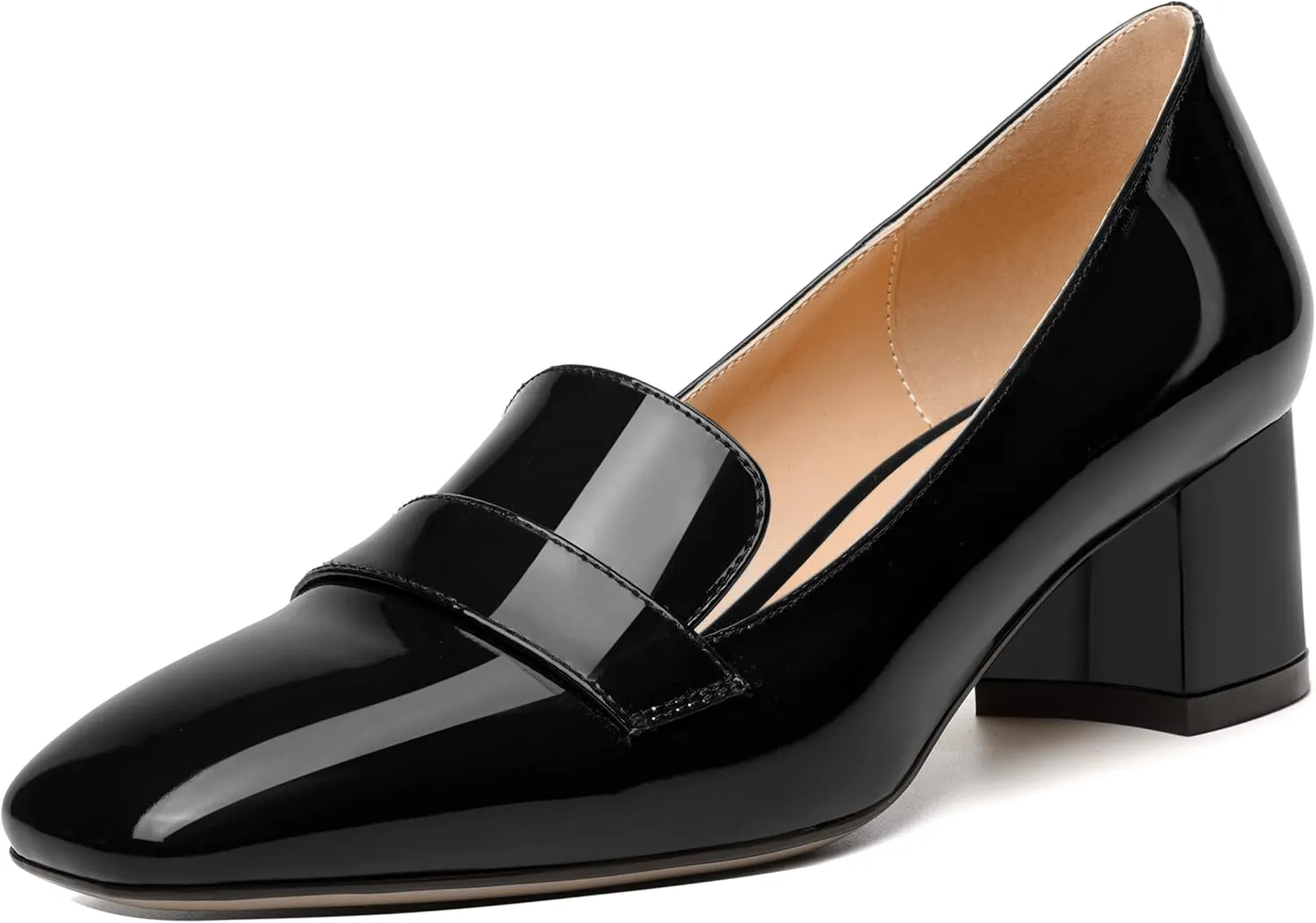 MODENCOCO Womens Fashion Slip On Casual Comfortable Square Toe Patent Chunky Low Heel Loafers Shoes 2 Inch