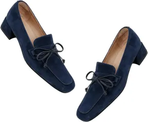 MOOMMO Women Chunky Low Heel Loafers Bow Suede Slip On Closed Square Toe Loafer Shoes Oxfords Comfy 1 Inch Block Heels Dress Shoes Pumps Office Work Pumps Vintage Dark Blue 8.5 M US