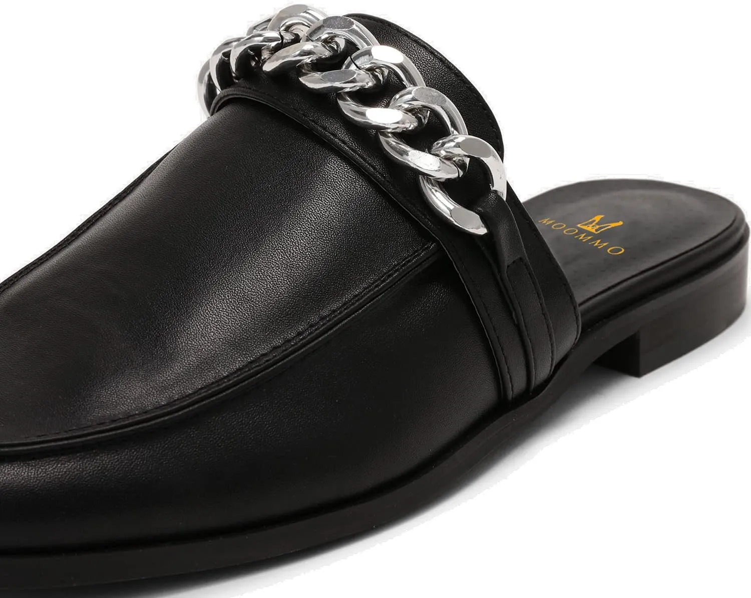 MOOMMO Women Flat Mules Round Toe Slide Slippers Closed Toe Slip On Sandals Matte Leather Gold Chain Chunky Heel Backless Penny Loafers Comfortable Office Casual Summer 4-13 M US