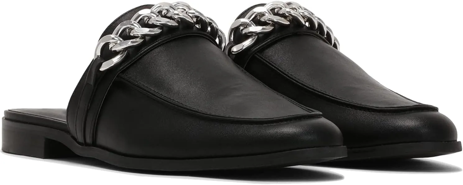 MOOMMO Women Flat Mules Round Toe Slide Slippers Closed Toe Slip On Sandals Matte Leather Gold Chain Chunky Heel Backless Penny Loafers Comfortable Office Casual Summer 4-13 M US