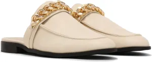 MOOMMO Women Flat Mules Round Toe Slide Slippers Closed Toe Slip On Sandals Matte Leather Gold Chain Chunky Heel Backless Penny Loafers Comfortable Office Casual Summer 4-13 M US