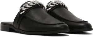 MOOMMO Women Flat Mules Round Toe Slide Slippers Closed Toe Slip On Sandals Matte Leather Gold Chain Chunky Heel Backless Penny Loafers Comfortable Office Casual Summer 4-13 M US