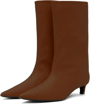 MOOMMO Women Kitten Heel Calf Boots Pointed Toe Pull On Wide Calf Boots Slouch Comfort 1.5 inch Low Heel Mid Calf Dress Boots Matte Short Boots Casual Party 4-11 M US