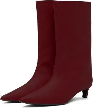 MOOMMO Women Kitten Heel Calf Boots Pointed Toe Pull On Wide Calf Boots Slouch Comfort 1.5 inch Low Heel Mid Calf Dress Boots Matte Short Boots Casual Party 4-11 M US