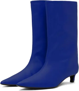 MOOMMO Women Kitten Heel Calf Boots Pointed Toe Pull On Wide Calf Boots Slouch Comfort 1.5 inch Low Heel Mid Calf Dress Boots Matte Short Boots Casual Party 4-11 M US