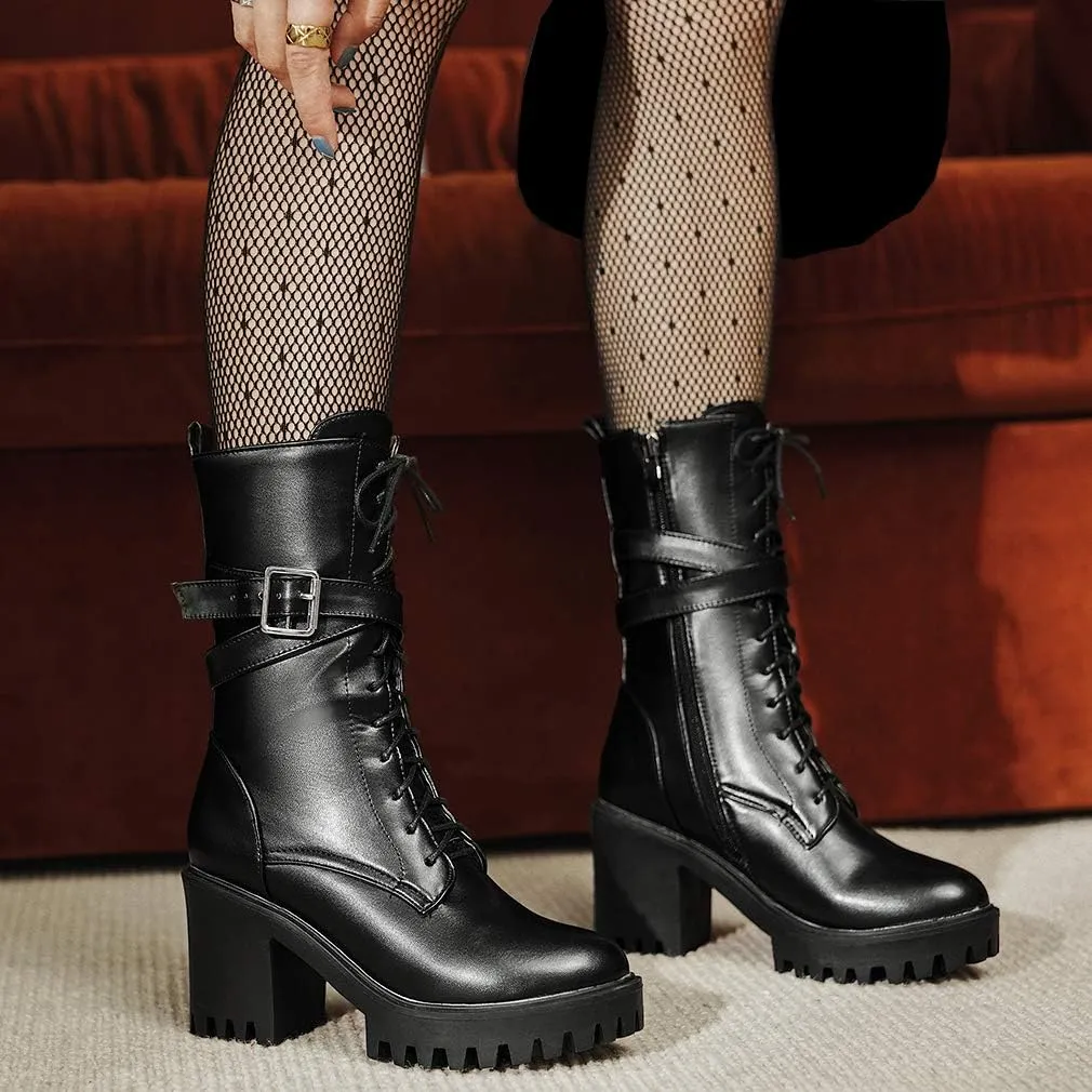 Parisuit Women's Chunky High Heel Lace Up Mid Calf Boots Goth Buckle Platform Combat Boots Punk Zip Up Booties