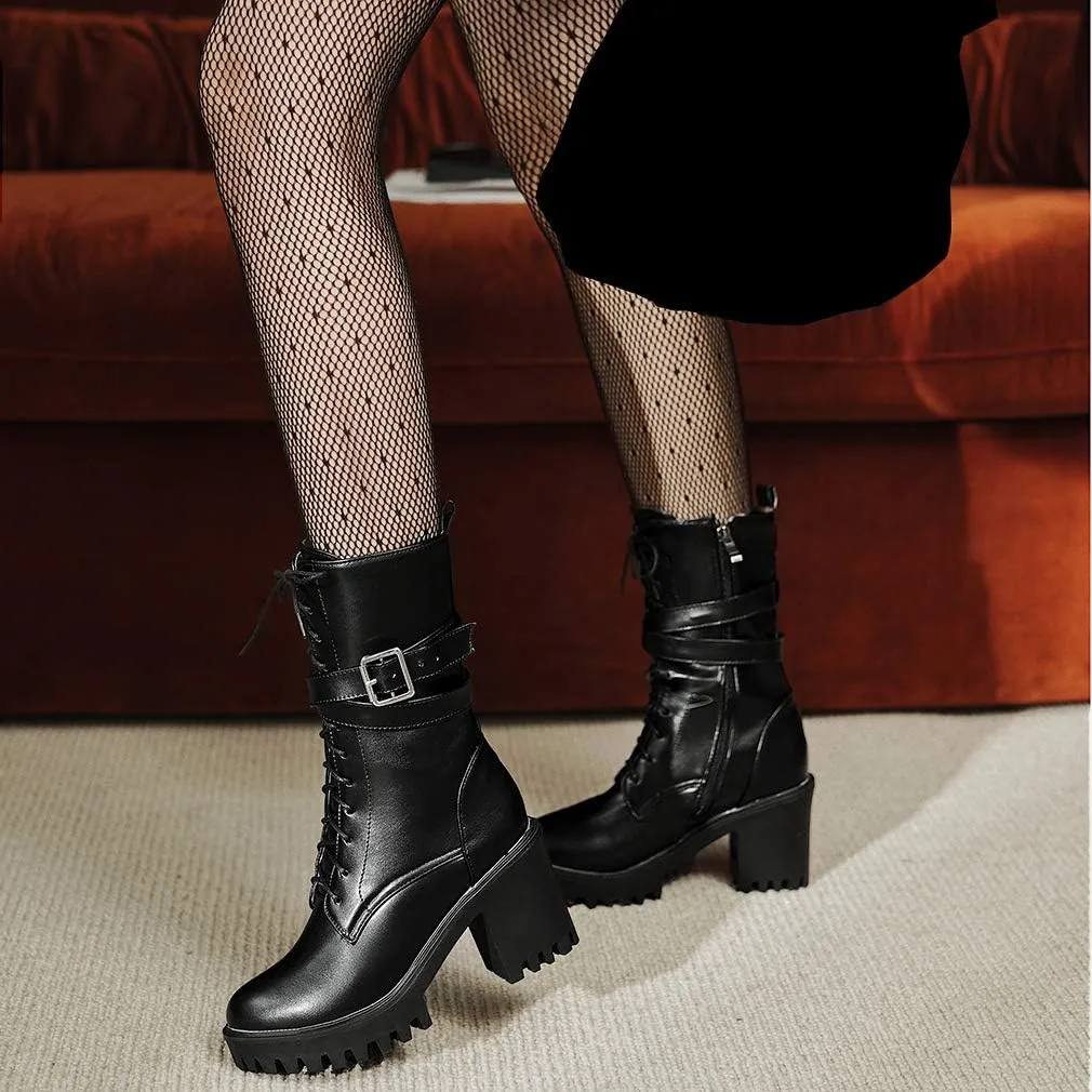 Parisuit Women's Chunky High Heel Lace Up Mid Calf Boots Goth Buckle Platform Combat Boots Punk Zip Up Booties