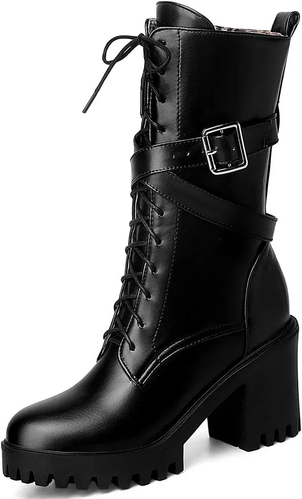 Parisuit Women's Chunky High Heel Lace Up Mid Calf Boots Goth Buckle Platform Combat Boots Punk Zip Up Booties